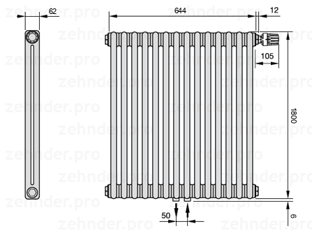 Схема (чертеж) Радиатор Zehnder Charleston 2180/14 №V008 Белый глянцевый RAL 9016
